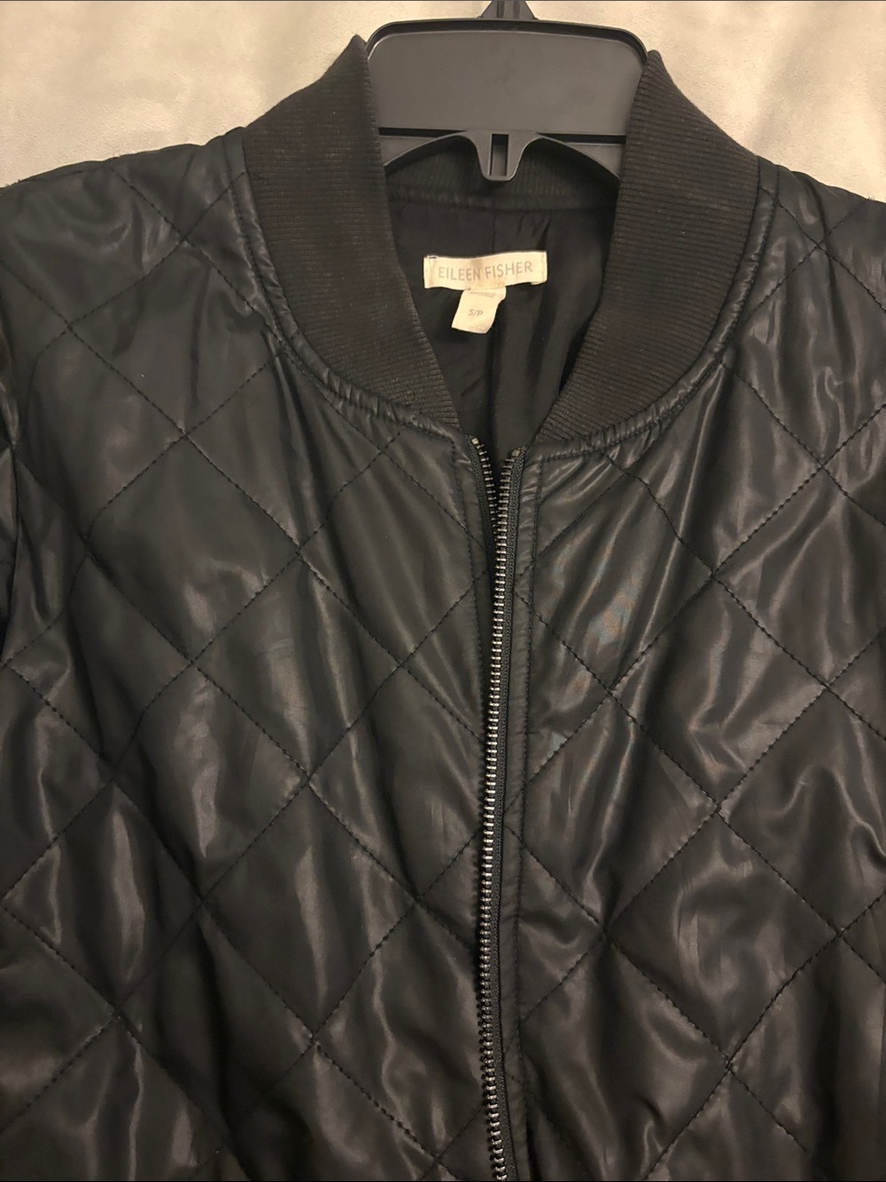 Eileen Fisher Black Quilted Satin Bomber Jacket